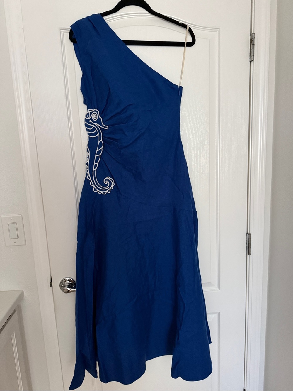 FARM Rio Cobalt Blue One-Shoulder Dress with White Seahorse Detail